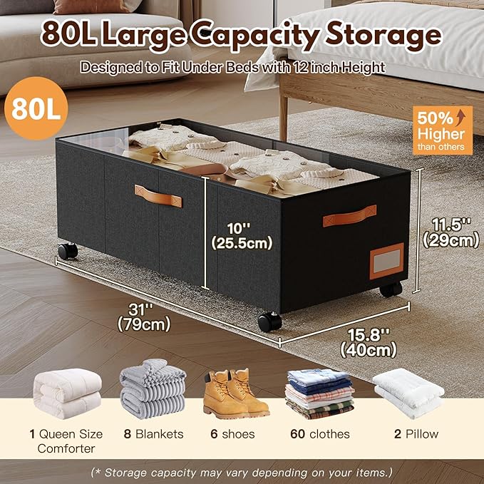 Under Bed Storage with Wheels, 12inch Tall Under Bed Storage XXL 80L, Under Bed - Image 2