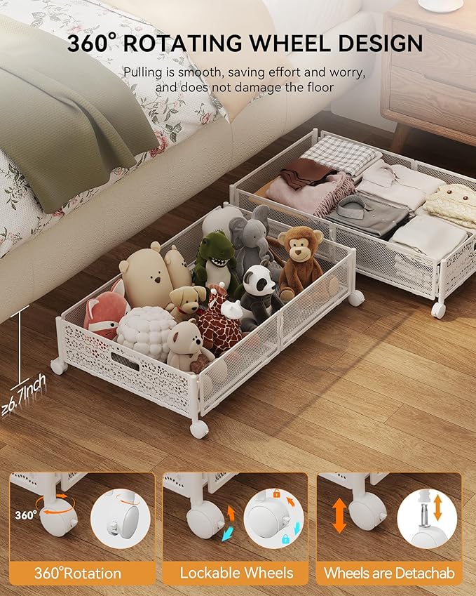 Under Bed Storage with Wheels, Foldable Pattern Carved Metal Under The Bed - Image 4