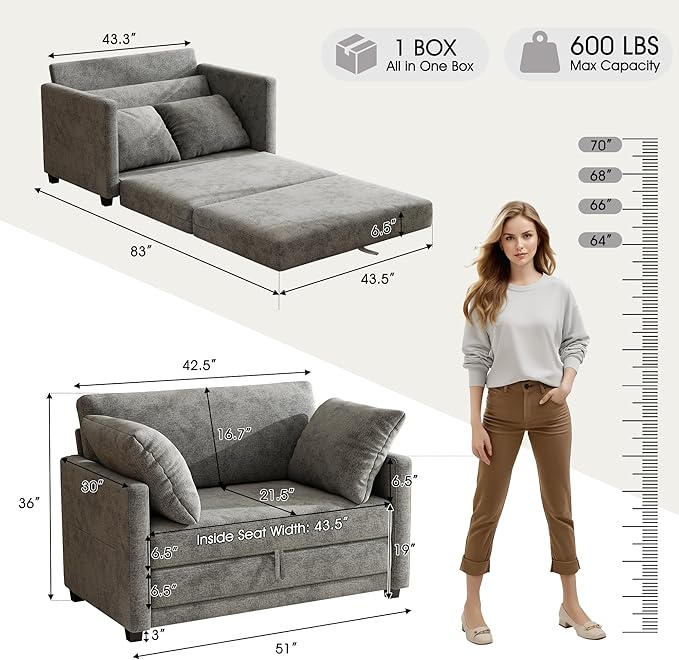 51" Loveseat Sleeper Sofa Bed, Chenille Convertible Floor Sofa Bed - Image 2