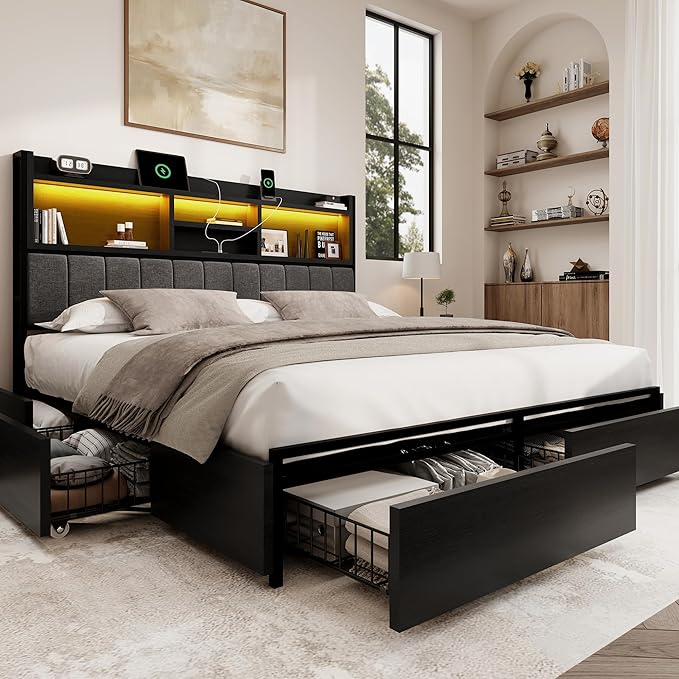 King Bed Frame with 6 Storage Drawers, Linen Upholstered Headboard, Built-in by Breltam