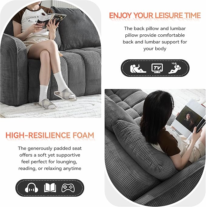 Corduroy Boneless Living Room Sets, Modern Upholstered Loveseat - Image 5