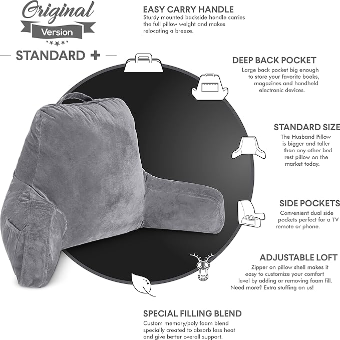 Husband Pillow Dark Grey, Standard+ Original Reading Pillow in Bed Rest Chair - Image 5