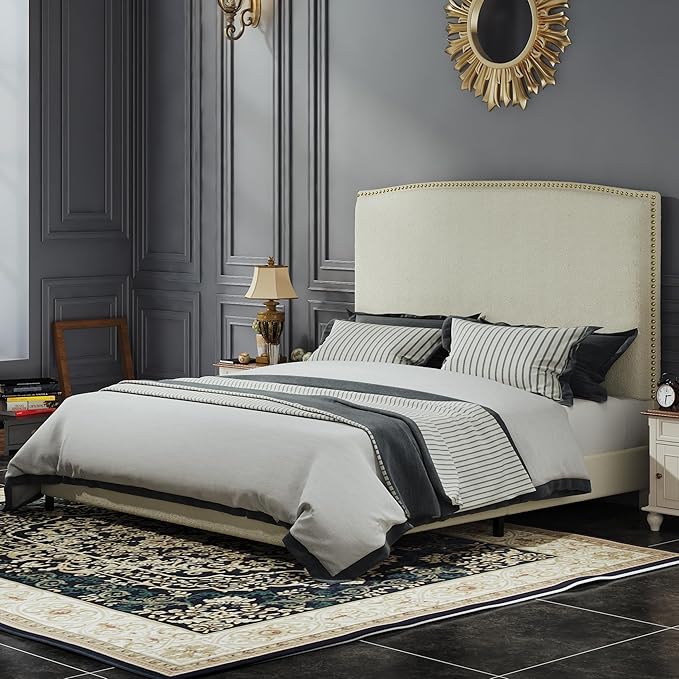 Queen Size Bed Frame with Headboard, Soft Boucle Fabric, No Box Spring Needed by BarnFurin
