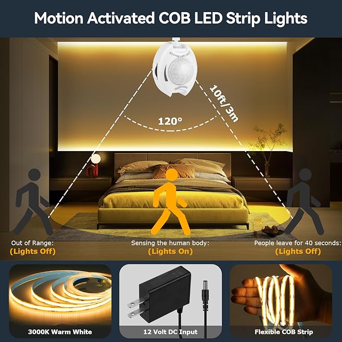 HOUHUI Under Bed Lights Motion Sensor COB LED Strip, 2 x 6.56Ft Warm White - Image 2
