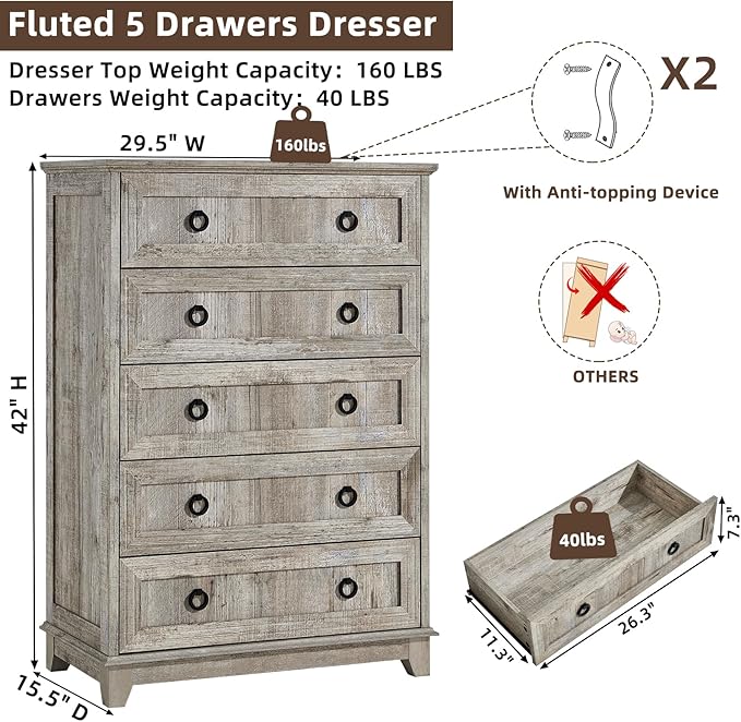 Farmhouse 5 Drawer Dresser for Bedroom Set of 2, Rustic Wood Dresser - Image 2