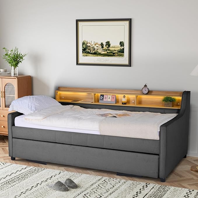 Twin Size Daybed with Pop Up Trundle Bed, Linen Upholstered Day Bed Frame with - Image 9