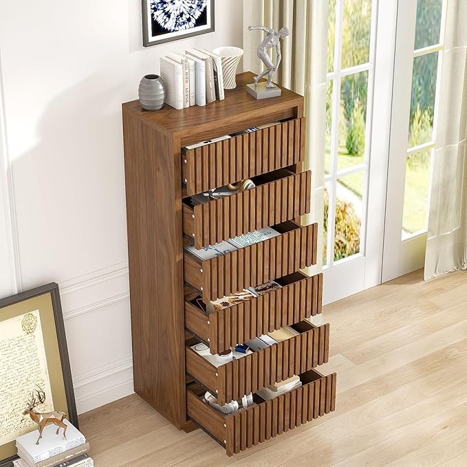 Fluted Tall 6 Drawer Dresser, Mid Century Dresser - Image 4