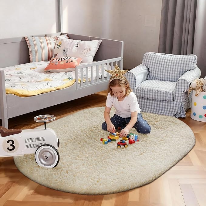 Ophanie 4x6 Oval Ivory Rugs for Bedroom Living Room, Fluffy Fuzzy Furry Carpet - Image 5