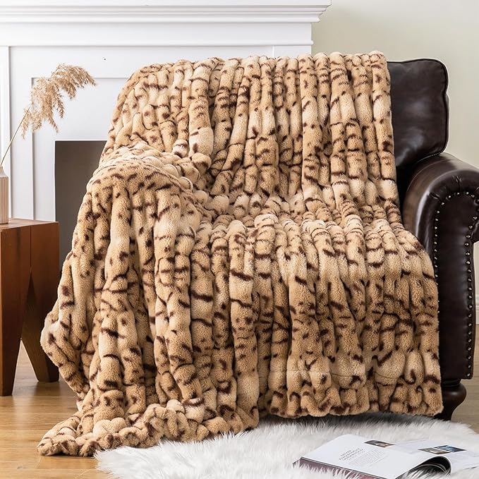 BATTILO HOME Luxury Ruched Faux Fur Throw Blanket Leopard Print, Double Side - Image 8