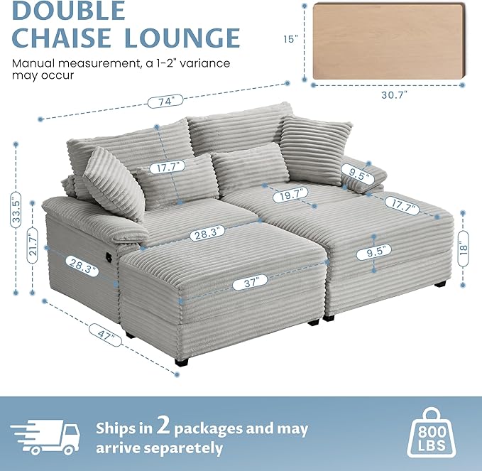 SUNWAVE 74" Double Chaise Lounge Chair Indoor, Oversized Loveseat - Image 2