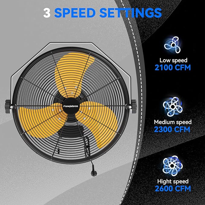 2PCS 2600 CFM 14 inch Outdoor High Velocity Wall Mounted Fan, 3-Speed Metal Fans - Image 2