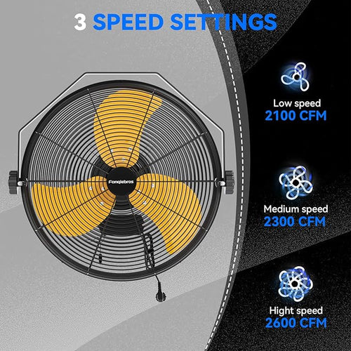 2600 CFM 14 inch Outdoor High Velocity Wall Mounted Fan, 3-Speed Metal Fans - Image 2
