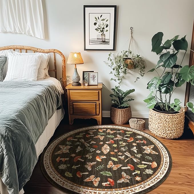 Mushroom Insect 5ft Round Rug Washable Non-Slip Soft Ultra-Thin Small Boho - Image 3