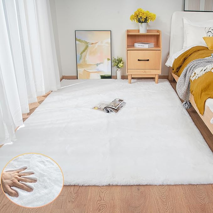 White Faux Fur Rug 5x7 Rugs for Living Room Shag Washable Area Rug Fuzzy Rugs by ORINOVA