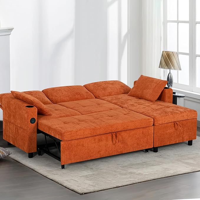 84" Chenille Pull Out Sofa Bed w/Adjustable Backrest, L-Shape Modern Sleeper - Image 8