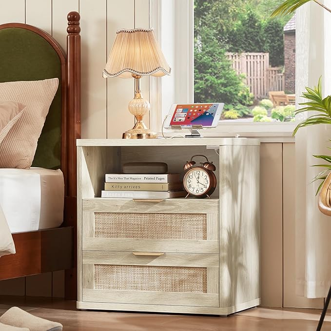 LEYAOYAO Rattan Dresser and Nightstand Set of 3, Boho Wood Dresser - Image 4