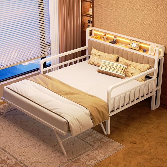 Daybed with Trundle and LED Light, Heavy Duty Metal Full Bed Frame with - Image 3
