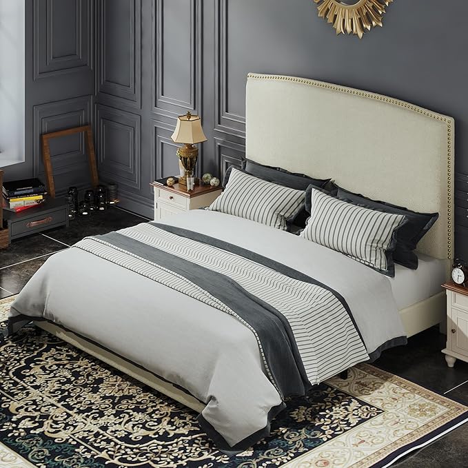 Full Size Bed Frame with Headboard, Soft Boucle Fabric, No Box Spring Needed - Image 3
