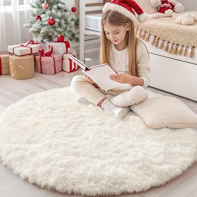 OLANLY Ivory Round Rugs for Bedroom by OLANLY