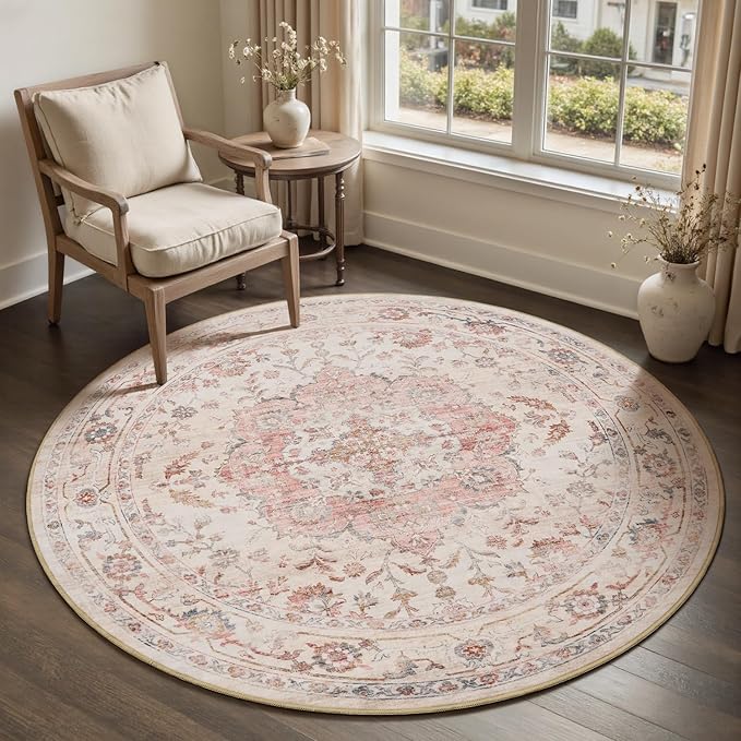 PADOOR 6FT Round Rug, Rugs for Living Room, Soft Pink Circle Rug, Machine by PADOOR