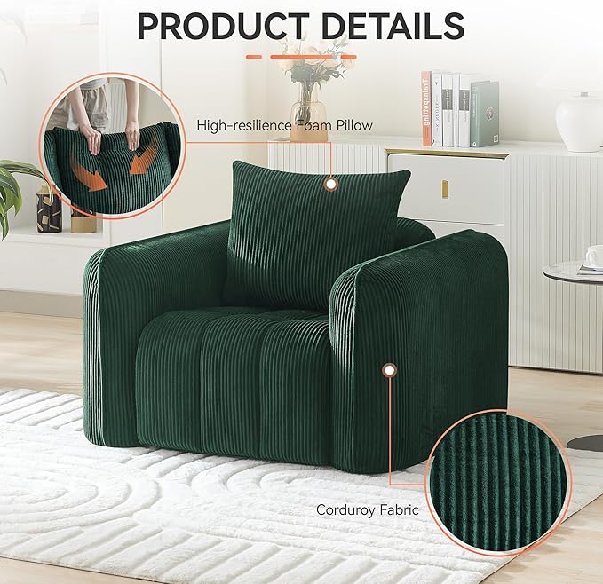Oversized Boneless Corduroy Accent Chair, Comfy Deep Seat Armchair - Image 3