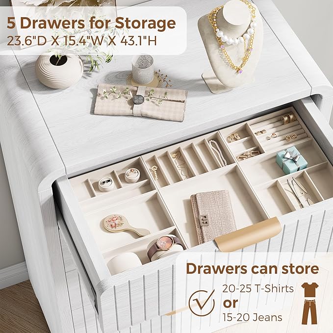 Fluted 5 Drawer Dresser for Bedroom, Wood Mid Century Vertical Dresser Natural - Image 5