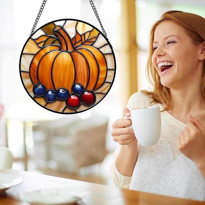DASTOLL Stained Glass Window Hanging Fall Pumpkin Berries Large 11.8" - Image 4