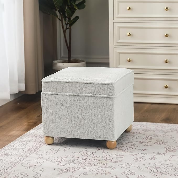 Adeco 17 Inch High Faux Fur White Cube Ottoman Storage, 3D Embossed Velvet - Image 6