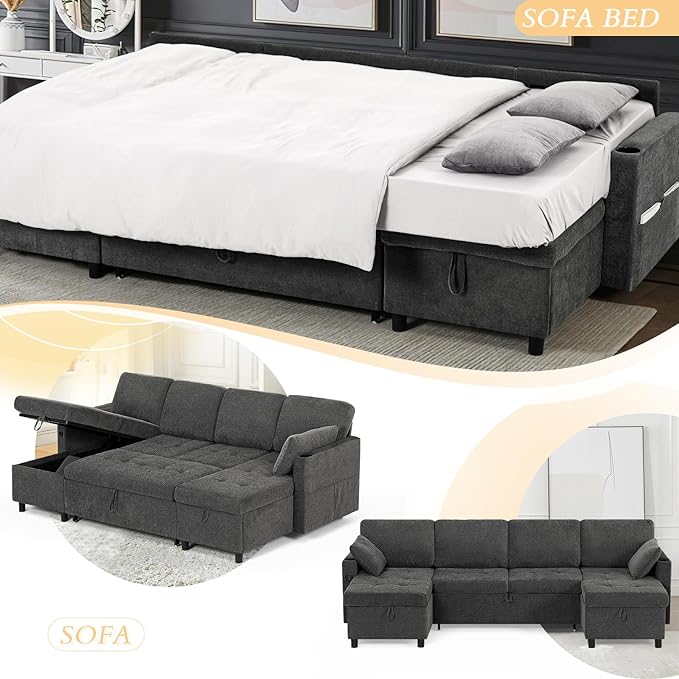 110" Fabric Pull-Out Couch Bed w/Adjustable Backrests, Sectional Sleeper Sofa - Image 6