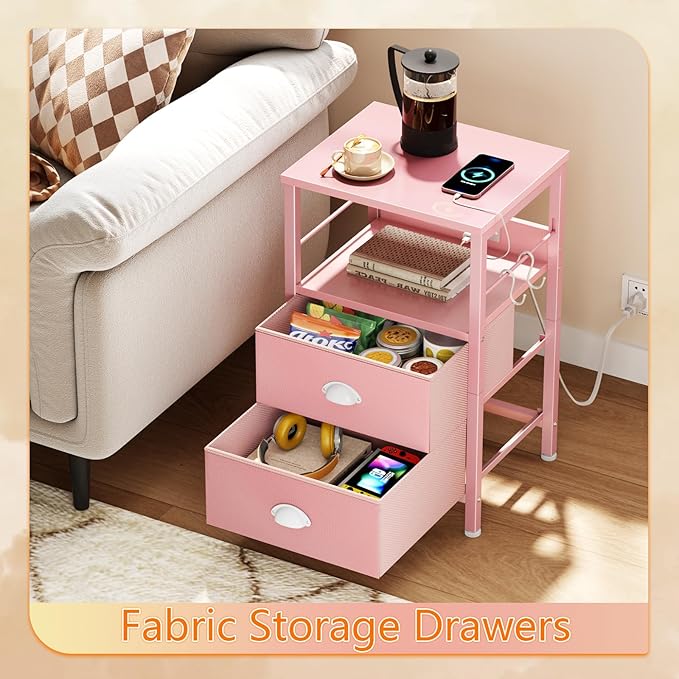 Furologee Nightstand with Charging Station, Night Stand with 2 Fabric Drawers - Image 5