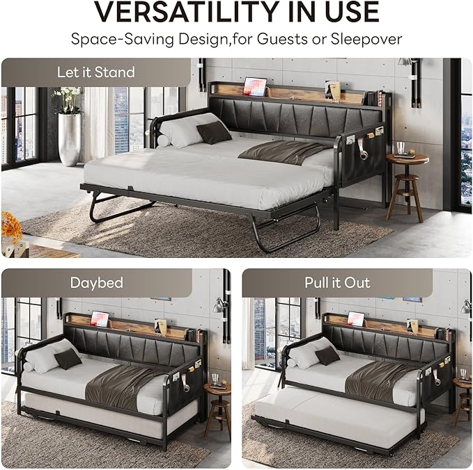 LIKIMIO Daybed with Trundle Bed, Twin Bed Frame with Storage Headboard and - Image 4