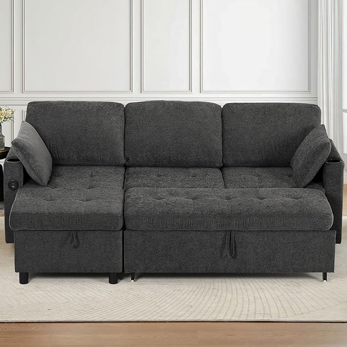 84" Fabric Pull Out Sofa Bed w/Adjustable Backrest, L-Shape Modern Sleeper Sofa - Image 2