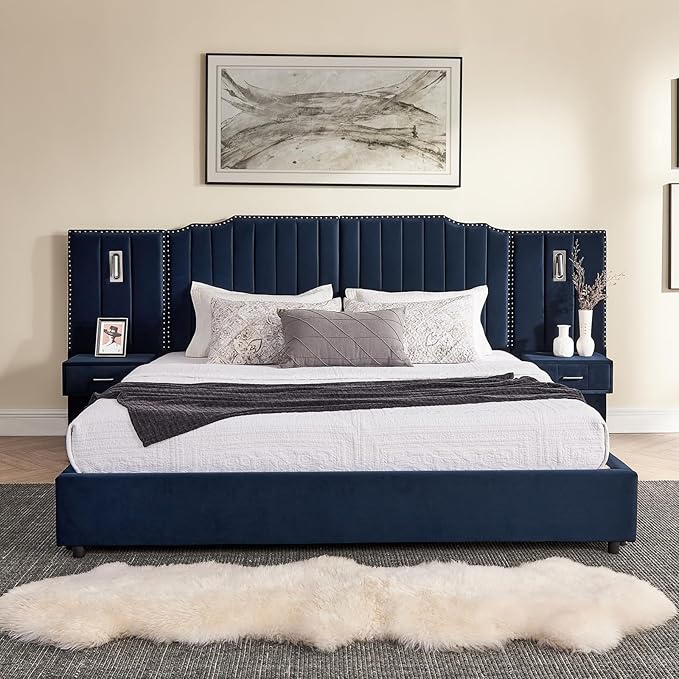 King Size Bed Frame with Storage, Luxury King Platform Bed Frame with Headboard - Image 3