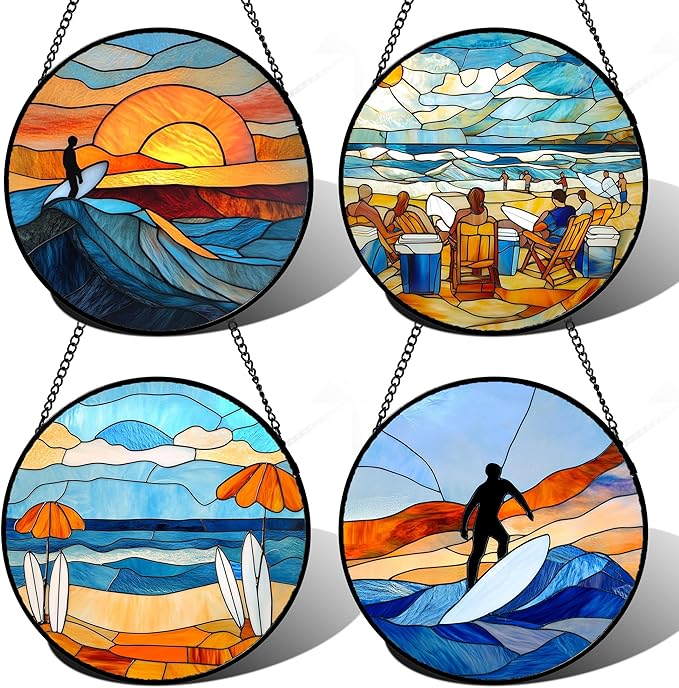 AMDERVEN Stained Glass Window Hanging 4 Pcs Set Blue Ocean Surfing Beach 9.8" by amderven