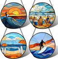 AMDERVEN Stained Glass Window Hanging 4 Pcs Set Blue Ocean Surfing Beach 9.8" by amderven