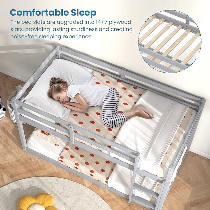 KOMFOTT Low Bunk Bed Twin Over Twin, Solid Wood Bunk Bed Frame - Image 5