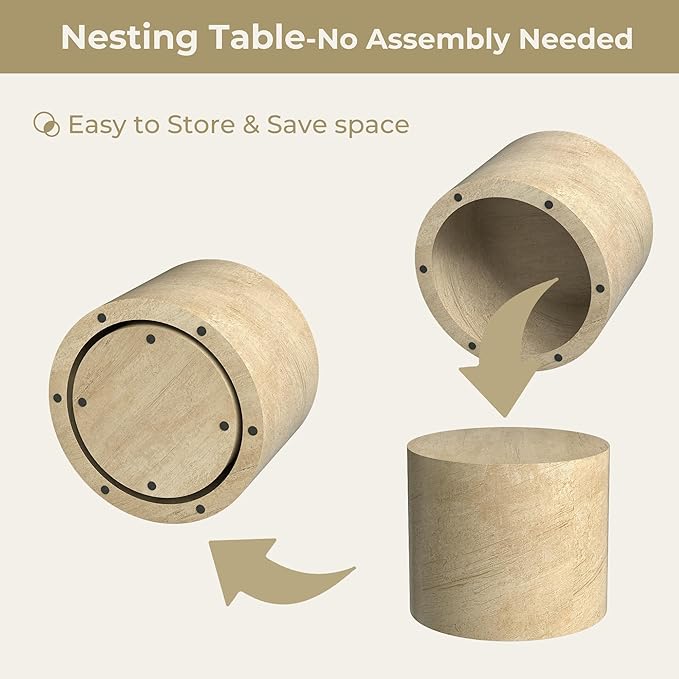 Nesting Coffee Table Set of 2, Round Beige Nesting Table Modern Circle Coffee - Image 3