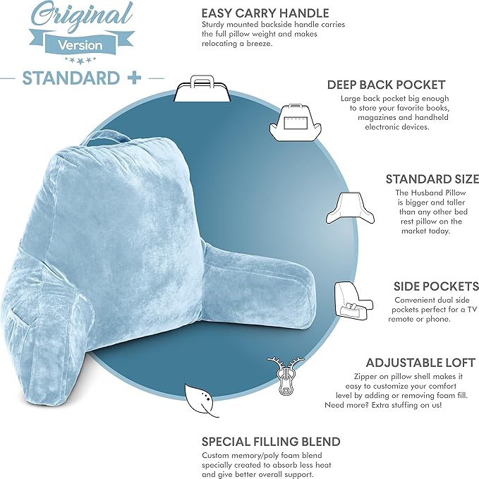 Husband Pillow Sky Blue, Original Reading Pillow in Bed Rest Chair, Shredded - Image 4