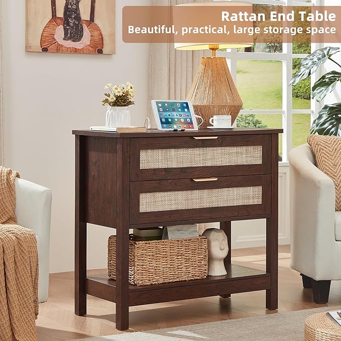 LEYAOYAO 31.5" Wide Rattan Night Stand, Large Boho Nightstand, Bedside Table - Image 3