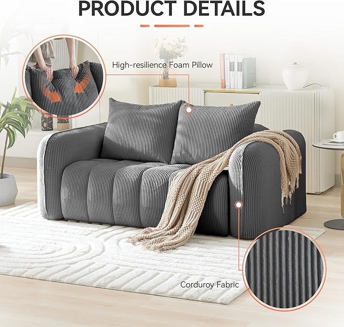 66'' Boneless Corduroy Loveseat Sofa, 2 Seater Tufted Deep Seat Couch - Image 3