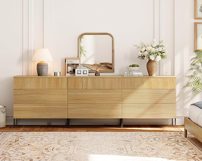 WAMPAT 94.5" W Fluted Dresser for Bedroom, Modern 9 Drawer Dresser TV Stand by WAMPAT