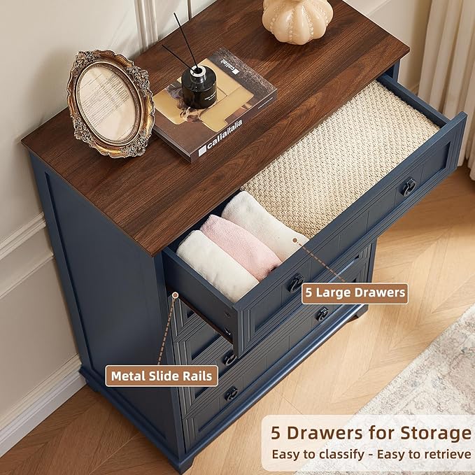 Farmhouse 5 Drawer Dresser for Bedroom Set of 2, Rustic Wood Dresser - Image 5