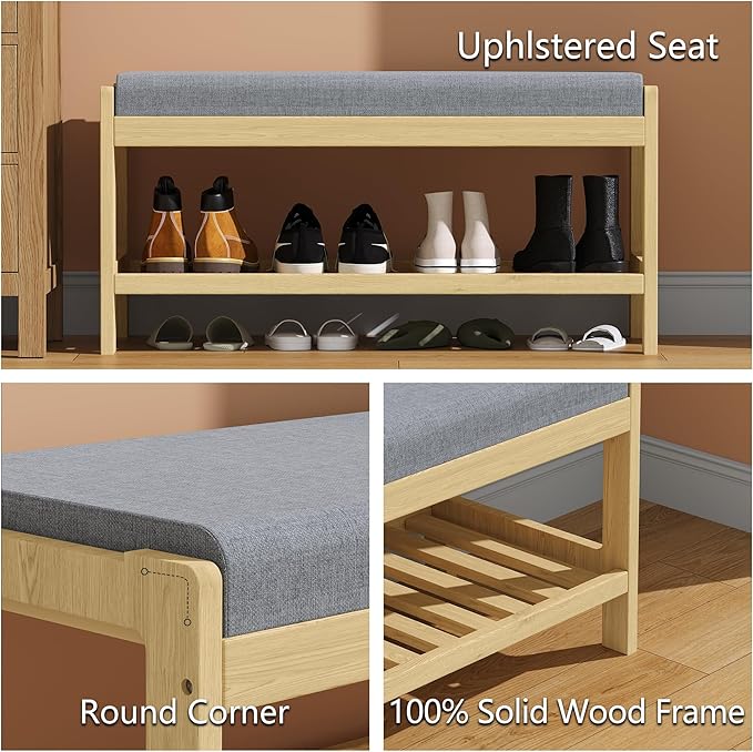 Shoe Bench Entryway, Solid Wood 2-Tier Shoe Rack Bench - Image 7