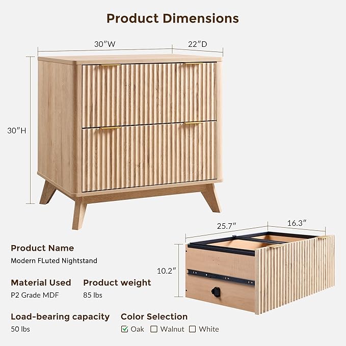 T4TREAM Fluted Night Stand Set 2, Modern Wood Side Tables Bedroom, End Table - Image 3
