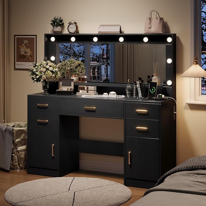 44.8" Large Vanity Desk with Lighted Mirror & Power Outlet, Dressing Table - Image 6