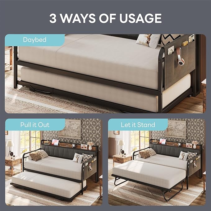 LIKIMIO Daybed with Trundle Bed, Twin Bed Frame with Storage Headboard and - Image 4