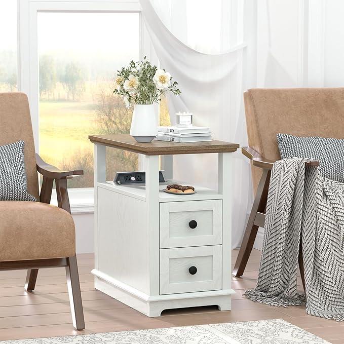 HIFYOBRO Narrow End Table with Flip Top Charging Station and 2 Drawers - Image 2