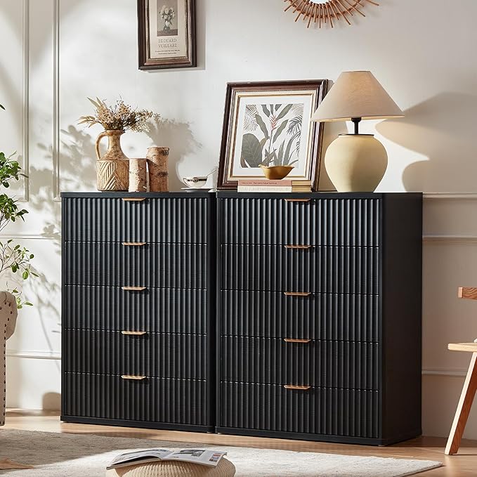 LEYAOYAO Fluted 5 Drawers Dresser Set of 2, Curved Profile Dresser TV Stand - Image 3
