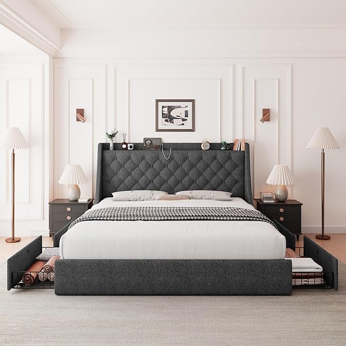 Feonase Queen Bed Frame with 4 Storage Drawers, Upholstered Storage Bed with - Image 3