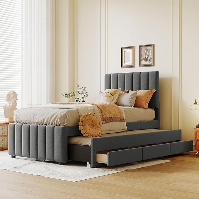 Twin Size Bed Frame with Trundle Bed and Storage Drawers, Linen Upholstered Bed by Bellemave